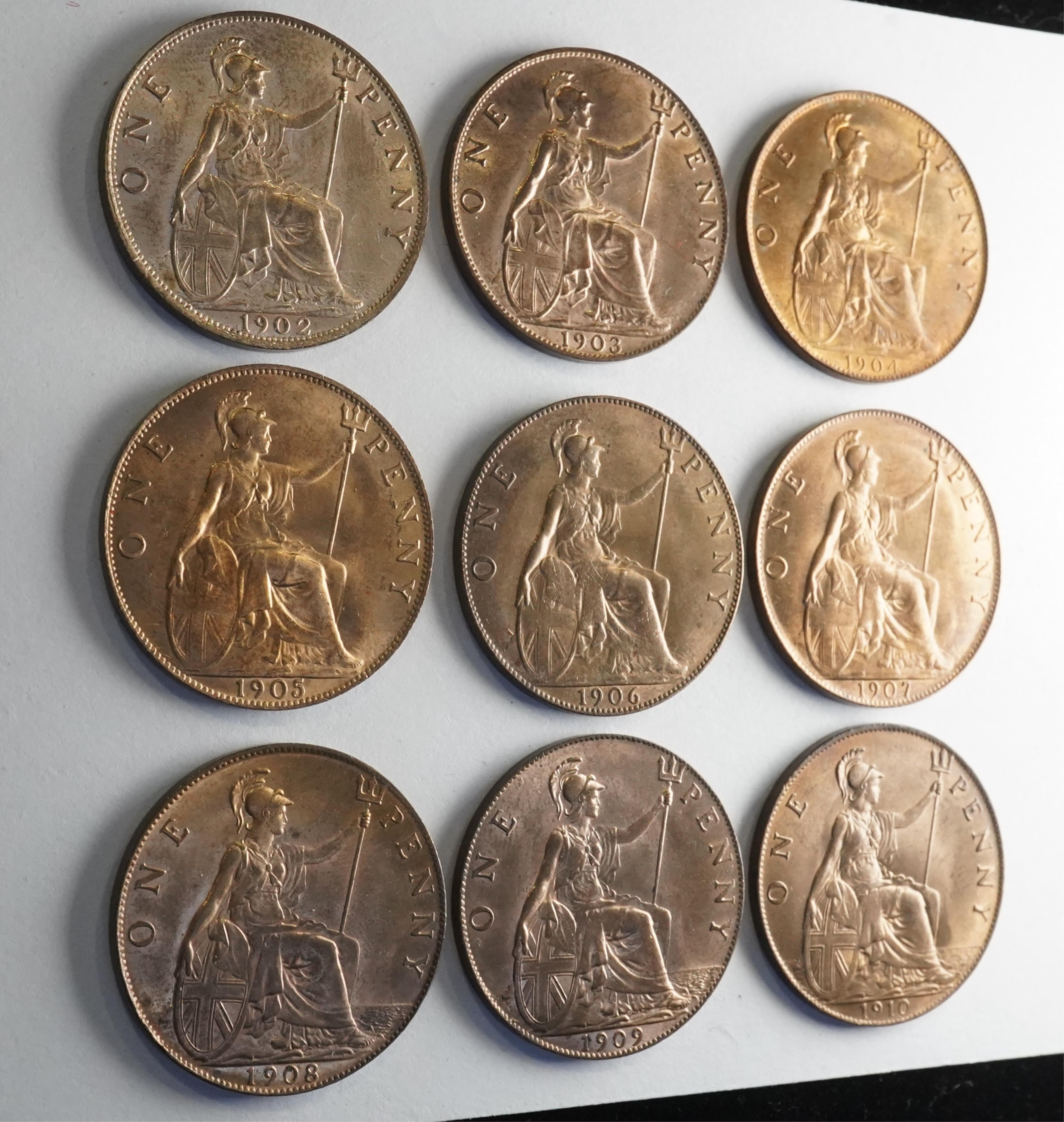 British coins, Edward VII, a date set of nine bronze pennies, 1902-1910;, 1902, Fr. 157, Gouby dies A/b, virtually as struck, UNC, full lustre, 1903, Fr. 158, Gouby dies A/b, virtually as struck, UNC, full lustre, 1904,